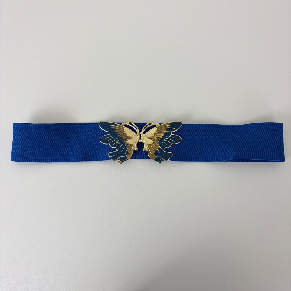 Vintage Royal Blue Elastic Cinch Belt Gold Butterfly Enamel Buckle Fairycore